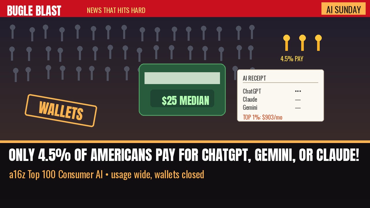 ONLY 4.5% OF AMERICANS PAY FOR CHATGPT, GEMINI, OR CLAUDE! | a16z’s 7th Top 100 Consumer AI Apps: usage is wide, wallets stay closed