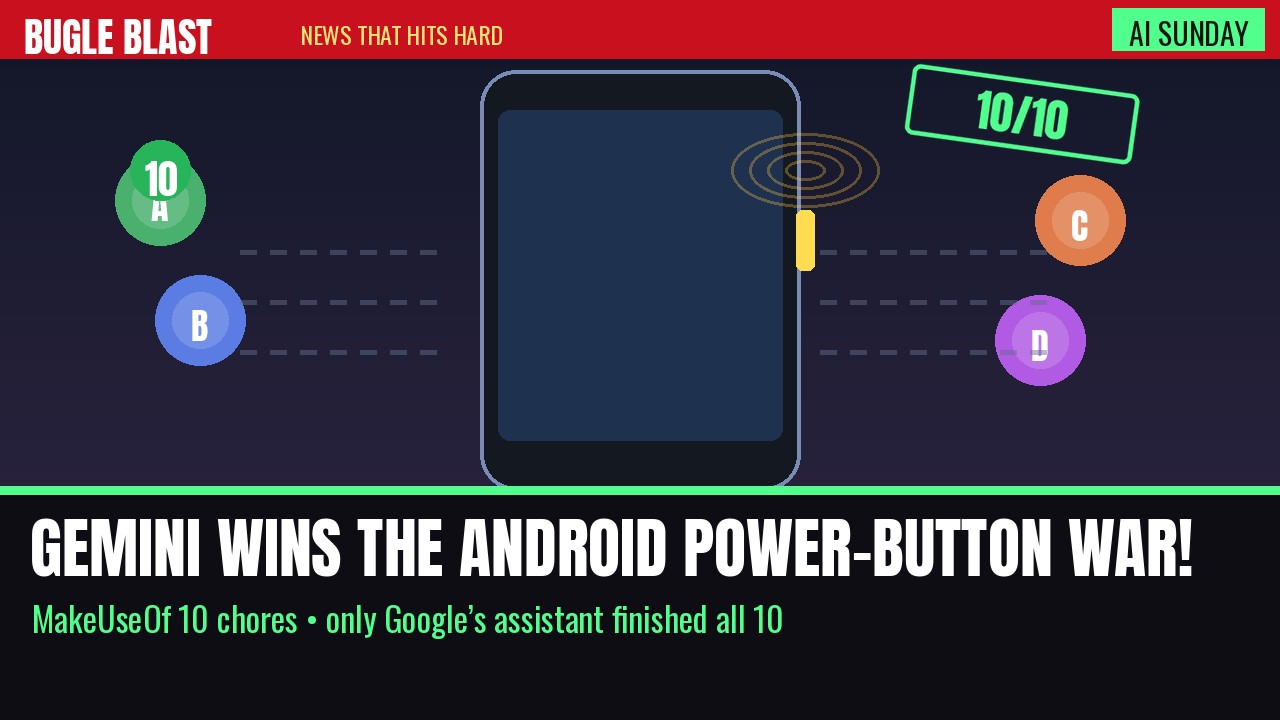 GEMINI WINS THE ANDROID POWER-BUTTON WAR! | MakeUseOf ran 10 phone chores — only Google’s assistant finished all 10