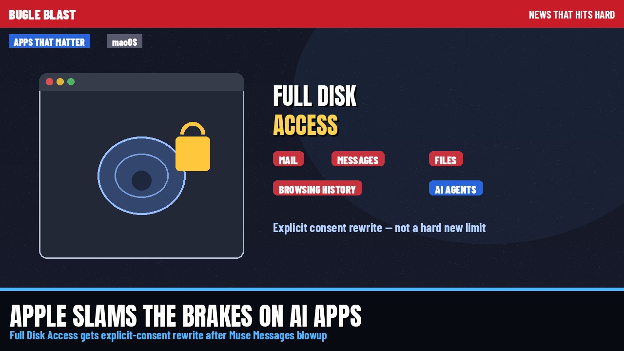 APPLE SLAMS THE BRAKES ON AI APPS READING YOUR WHOLE MAC! | Full Disk Access gets explicit-consent rewrite after Muse Messages blowup