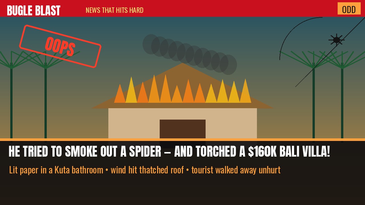 HE TRIED TO SMOKE OUT A SPIDER — AND TORCHED A $160,000 BALI VILLA! | Nepal tourist lit paper in a Kuta bathroom; wind carried the fire onto a thatched roof