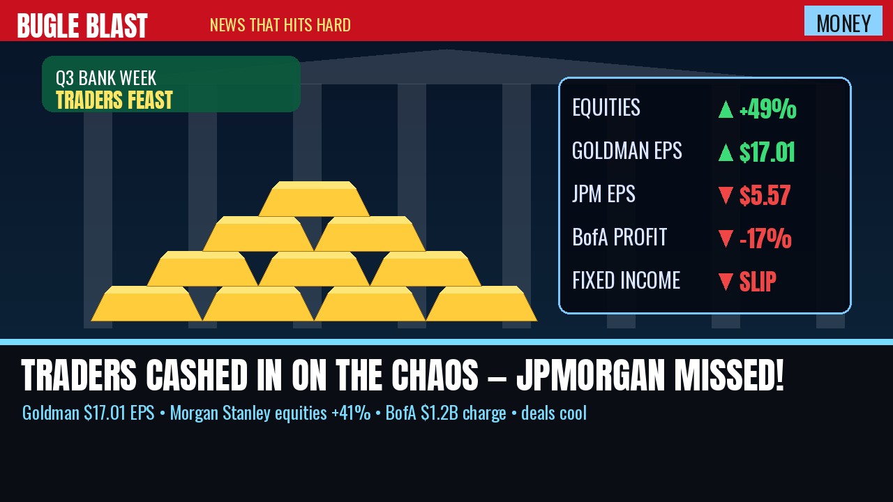 WALL STREET’S TRADERS CASHED IN ON THE CHAOS — AND JPMORGAN STILL MISSED! | War and rate whiplash fed the equity desks. Dealmaking cooled, JPMorgan missed for the first time in nearly three years, and BofA ate a $1.2 billion penalty