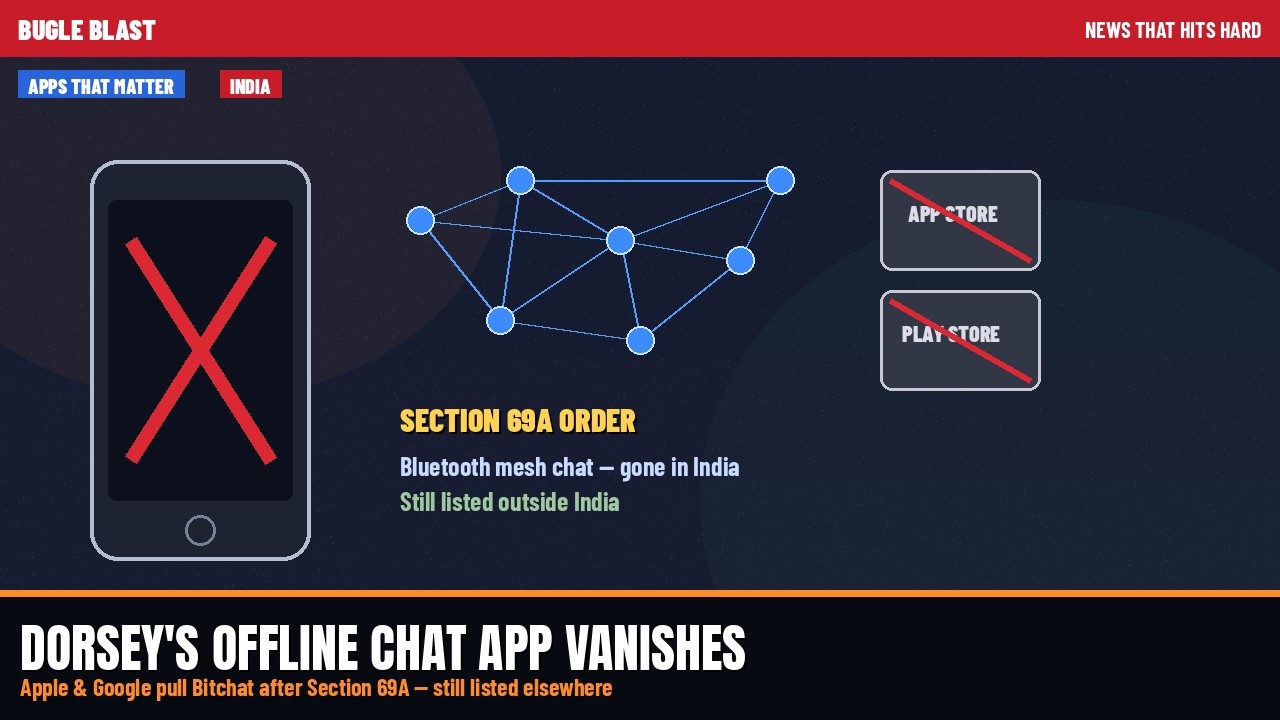 DORSEY’S OFFLINE CHAT APP VANISHES IN INDIA! | Apple & Google pull Bitchat after Section 69A order — still listed elsewhere