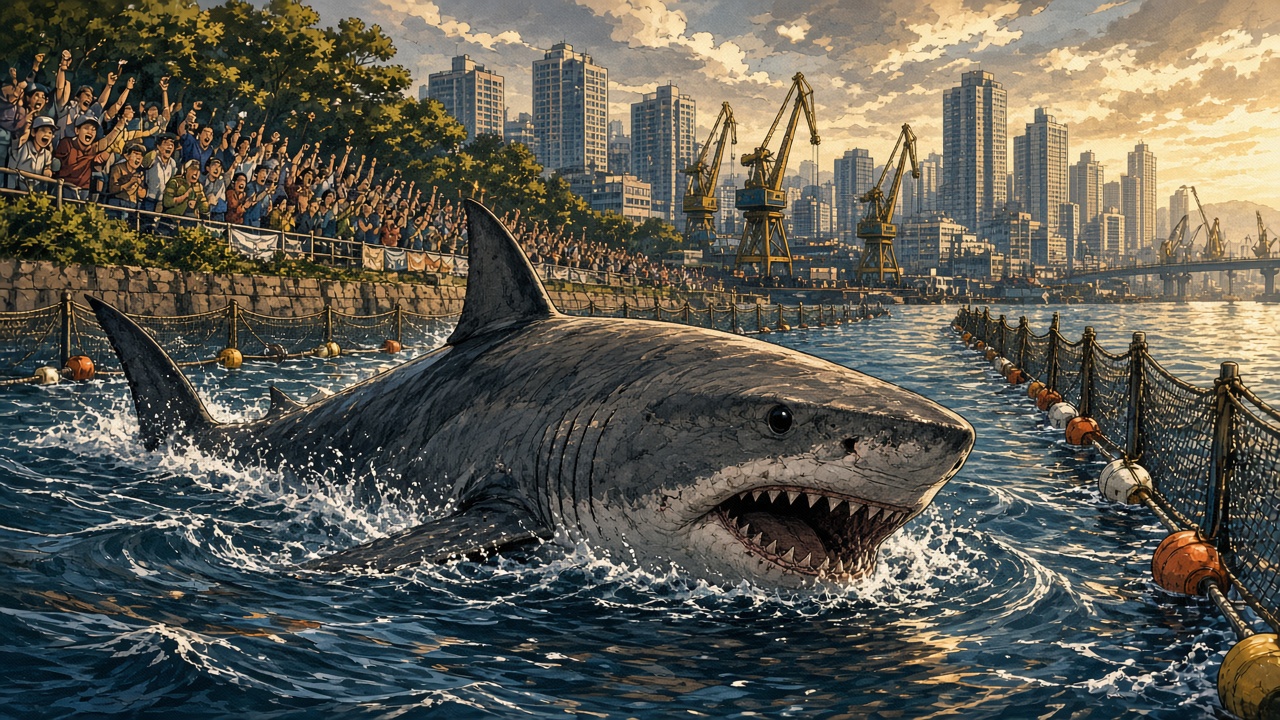 THE CELEBRITY SHARK WON’T LEAVE THE CANAL! | Eight hours of nets, a cheering crowd, a barrier to keep her out, and Busan’s 10-foot mascot keeps circling back