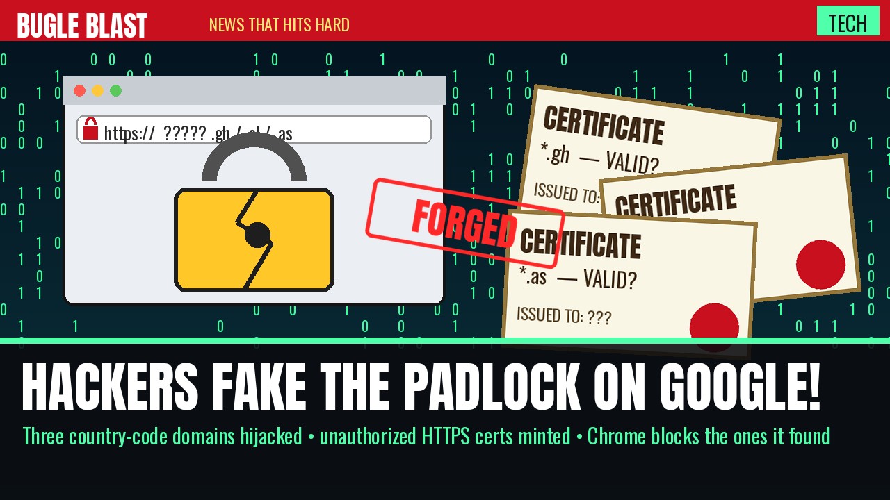HACKERS HIJACK THREE COUNTRY DOMAINS TO FAKE GOOGLE’S SECURITY LOCKS! | Attackers seized the .gh, .sl and .as registries, rewired DNS and walked off with real-looking HTTPS certs for Google and other big names — and Google admits it may not have found them all
