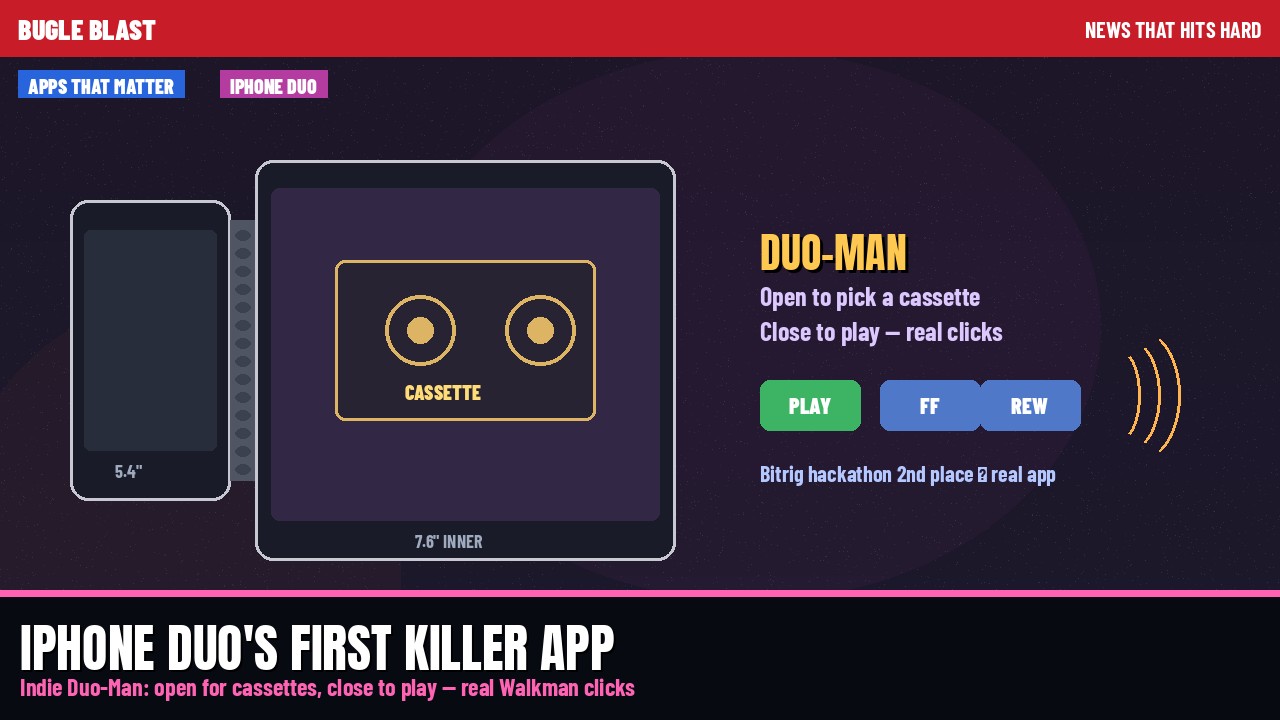 IPHONE DUO’S FIRST KILLER APP IS A VIRTUAL WALKMAN! | Indie Duo-Man opens for cassettes, closes to play — real click sounds