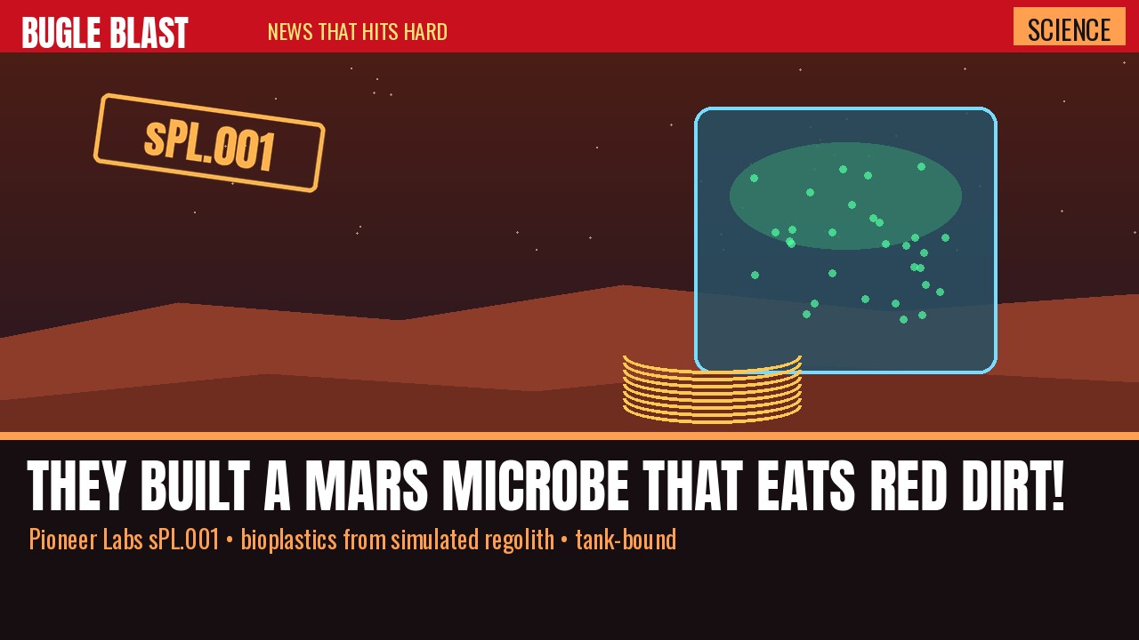 THEY BUILT A MARS MICROBE THAT EATS RED DIRT AND SPITS OUT PLASTIC! | Pioneer Labs evolved sPL.001 to live on simulated Martian dirt, water and air and spit out bioplastics — a contained bioreactor bug pitched as a first terraforming building block that (they say) can’t go feral outside the tank