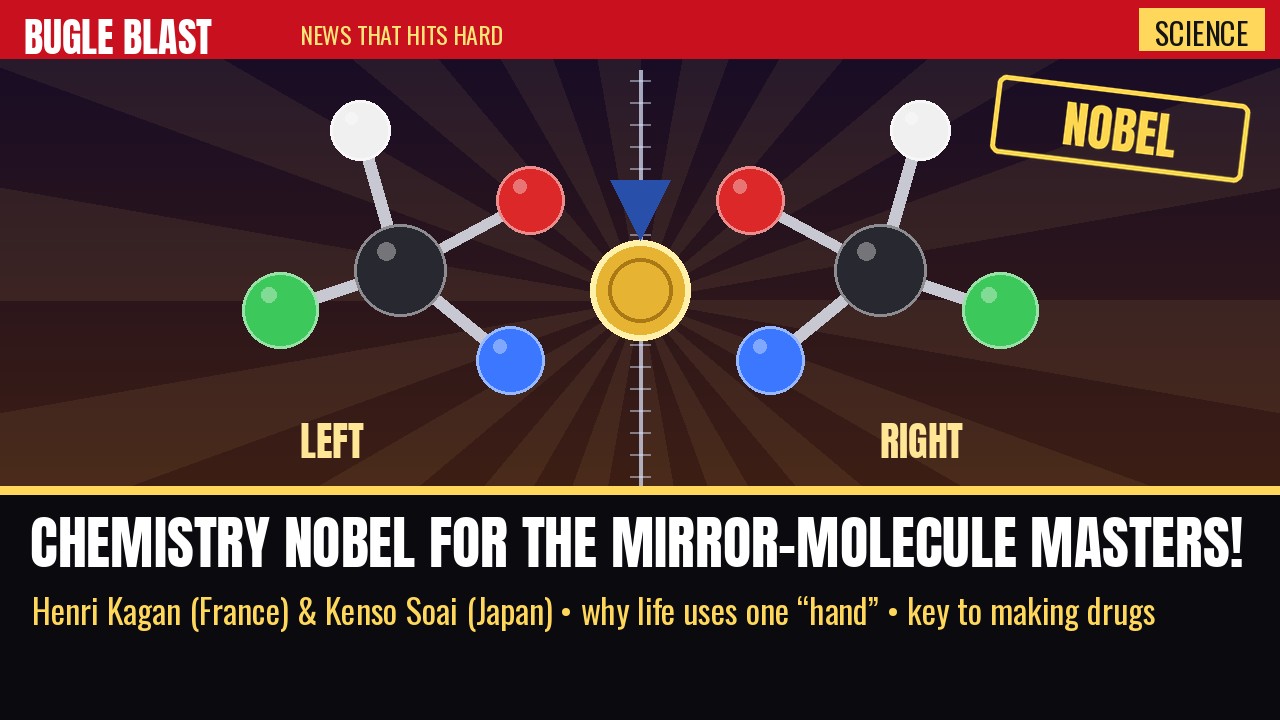 CHEMISTRY NOBEL GOES TO THE MIRROR-MOLECULE MASTERS! | France’s Henri Kagan and Japan’s Kenso Soai cracked a century-old riddle — why life builds with only one “hand” of its molecules — and handed drug chemists a way to make the right one