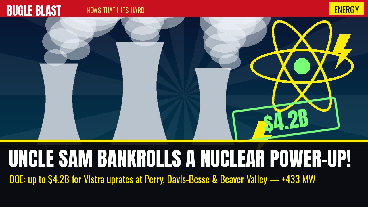 UNCLE SAM BANKROLLS A $4.2 BILLION NUCLEAR POWER-UP! | Up to $4.2B in conditional loans to squeeze 433 more megawatts out of Vistra’s Ohio and Pennsylvania reactors — no new plant, no new power lines, plenty of fine print