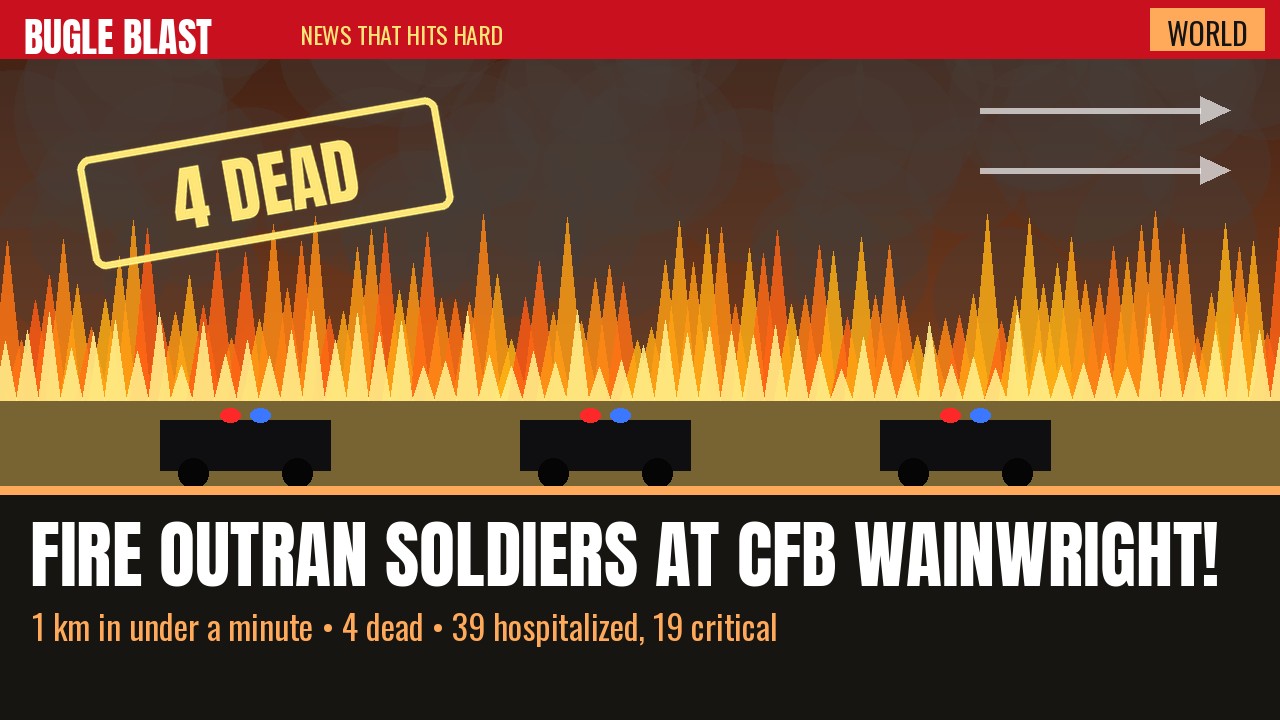 A FIRE OUTRAN SOLDIERS ON A CANADIAN BASE — FOUR ARE DEAD! | It crossed a kilometre in 30 to 60 seconds at CFB Wainwright, and 19 people are still critical